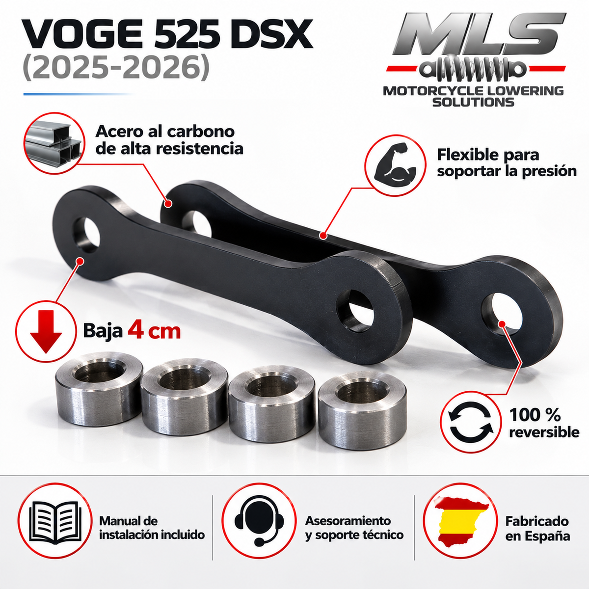 Reductor de altura Voge 525 DSX (2025-2026) – Baja 4 cm